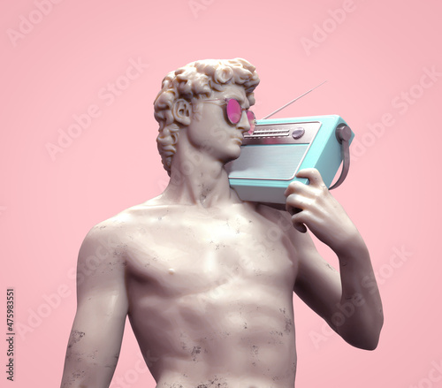 Statue of David by Michelangelo with vintage radio and sunglasses. 3D rendering