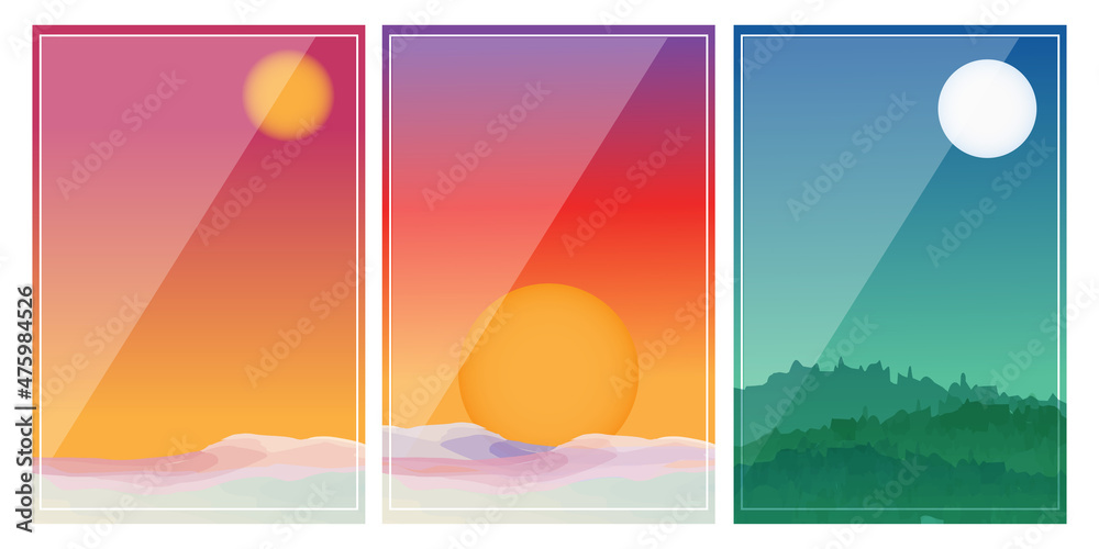 Sunset background with wave pattern vector. Abstract template with geometric pattern. Mountain and ocean object in oriental style.