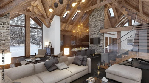 4K video rendering of cozy living room on sunny winter day in the mountains, luxury interior of chalet decorated with candles, fireplace fills the room with warmth. It's snowing outside the window
