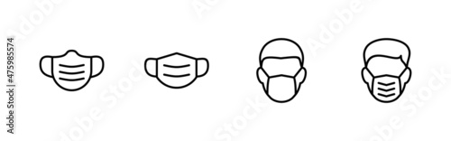 Mask icons set. Medical mask sign and symbol. Man face with mask icon. Safety breathing mask