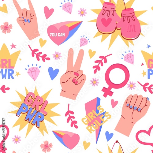 Feminist seamless pattern with female hands, fists and grl pwr slogans. Women sisterhood community power, motivation symbols vector print