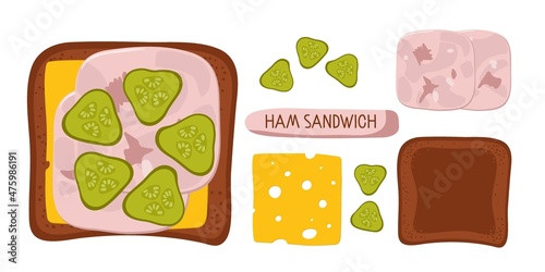 Healthy Sandwich with recipe ingredients, cheese, pickles, Ham slices. Top view of product on toast. Vector flat illustration, culinary Drawing Food, Healthy food concept. Healthy snack.