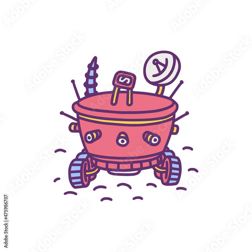 Red rover explorer doodle icon. Planet rover robot colored drawing, front view. Mars wheeled vehicle with antenna.