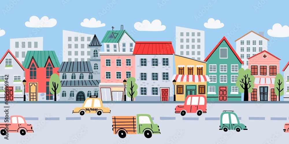 Cartoon city landscape with buildings and cars seamless background. Street with apartments and road traffic for kids. Cute town vector line