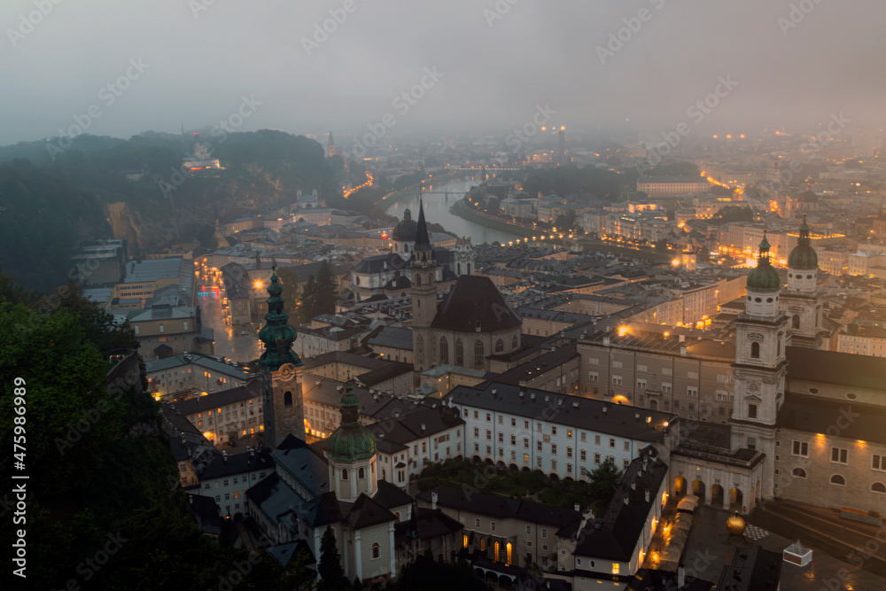 aerial night view of salzburg city in Austria 