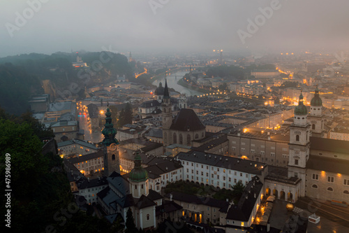 aerial night view of salzburg city in Austria 