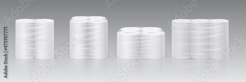Realistic white toilet paper rolls in plastic pack mockup. Hygiene cleaning tissues in transparent package. Soft absorbent towels vector set