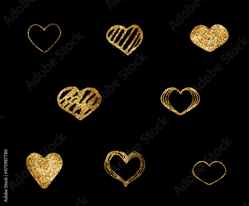 Collection of sparkle glitter texture doodle hearts hand drawn. Valentine heart shape drawing elements for greeting cards and valentines day, design vector isolated icons set. Amour pack.