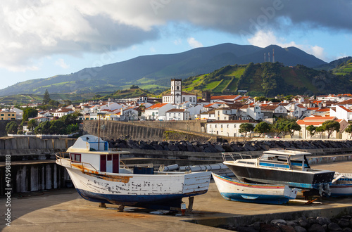 Portugal, Azores, Vila Franca do Campo, Boats in harbor of town on southern edge of Sao Miguel Island photo