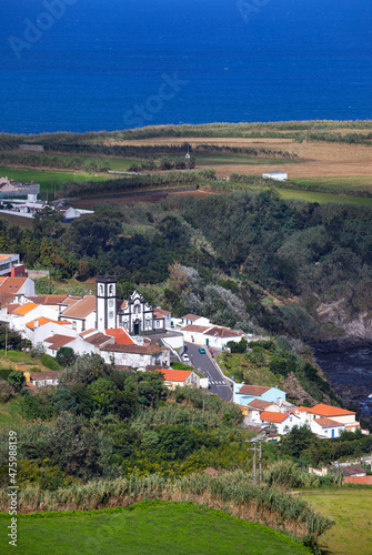 Portugal, Azores, Porto Formoso, Aerial view of coastal town on Sao Miguel Island photo