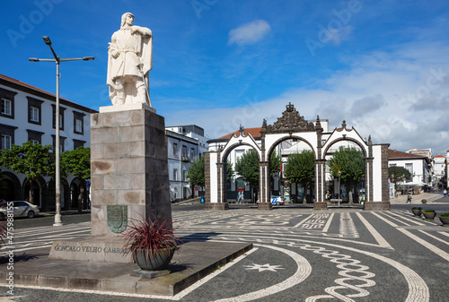 Portugal, Azores, Ponta Delgada, Monument of Goncalo Velho Cabral - explorer and commander in Military Order of Christ