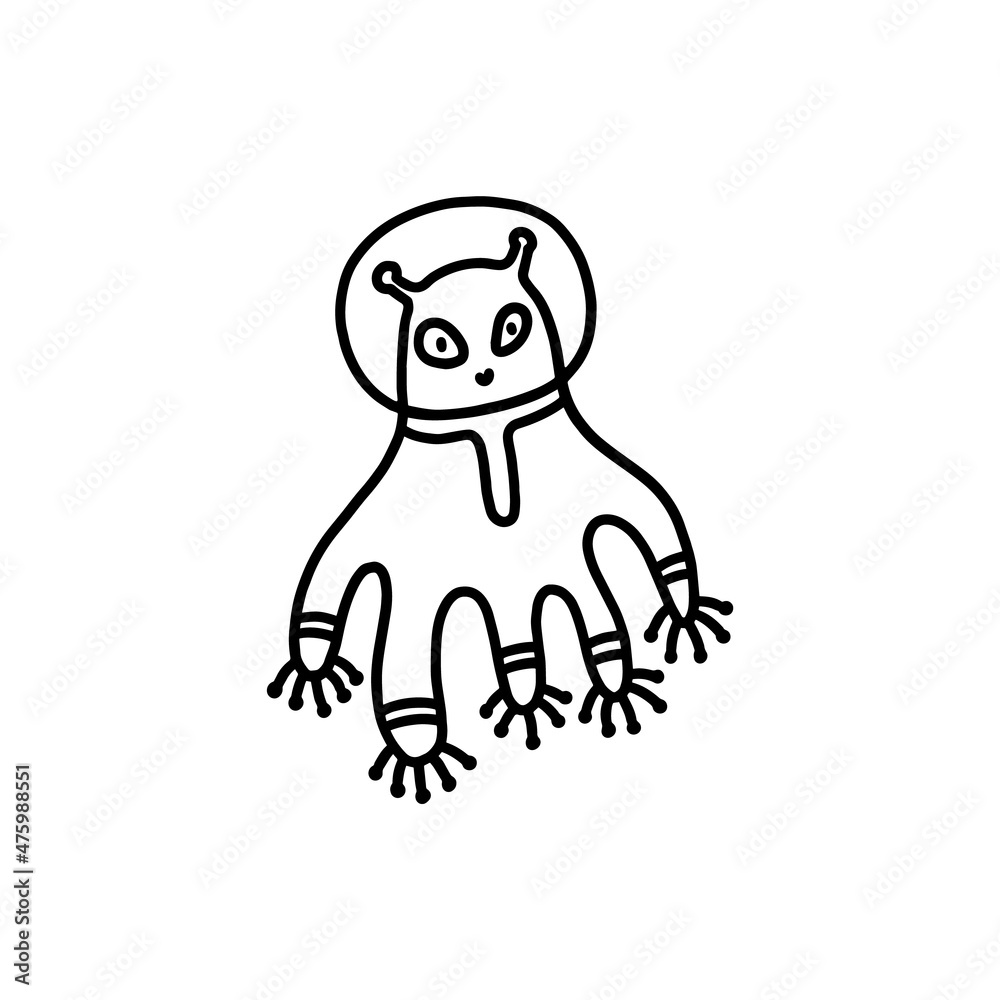 Cute alien in spacesuit in hand drawn doodle style, vector illustration isolated on white background.