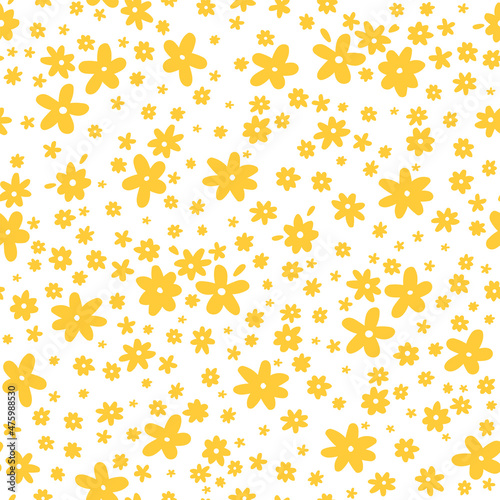 Colorful seamless pattern with little flowers. Cute groovy elements, fun modern illustration, midcentury art