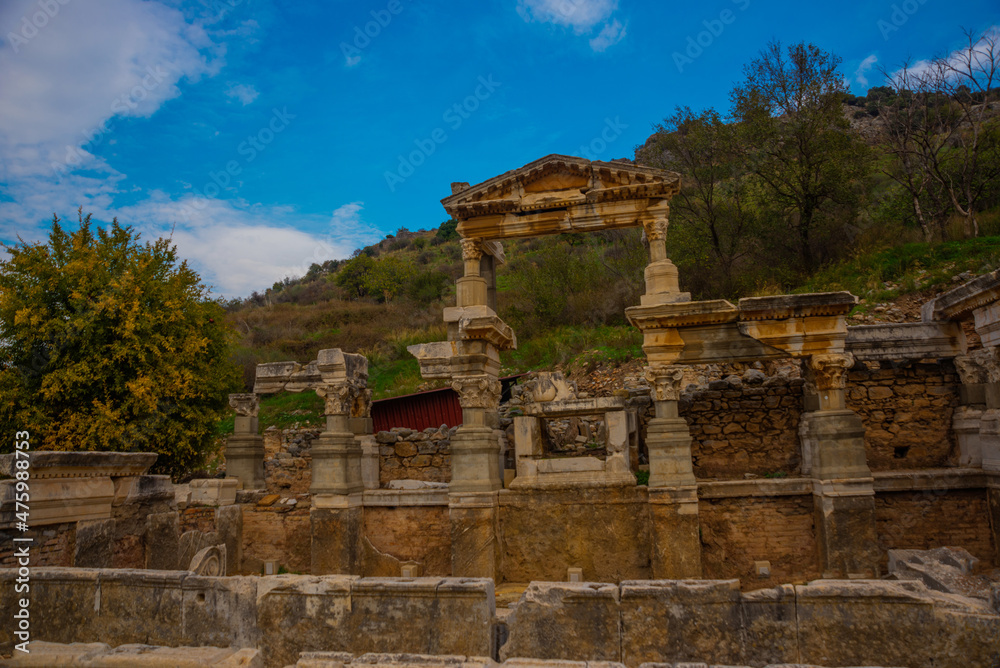 EPHESUS, TURKEY: On Kuretov Street, the Fountain of Troyan and the ruins of the ancient city of Ephesus.