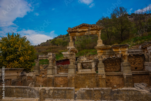 EPHESUS, TURKEY: On Kuretov Street, the Fountain of Troyan and the ruins of the ancient city of Ephesus.