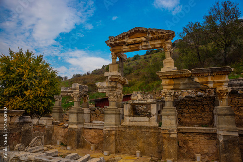 EPHESUS, TURKEY: On Kuretov Street, the Fountain of Troyan and the ruins of the ancient city of Ephesus.