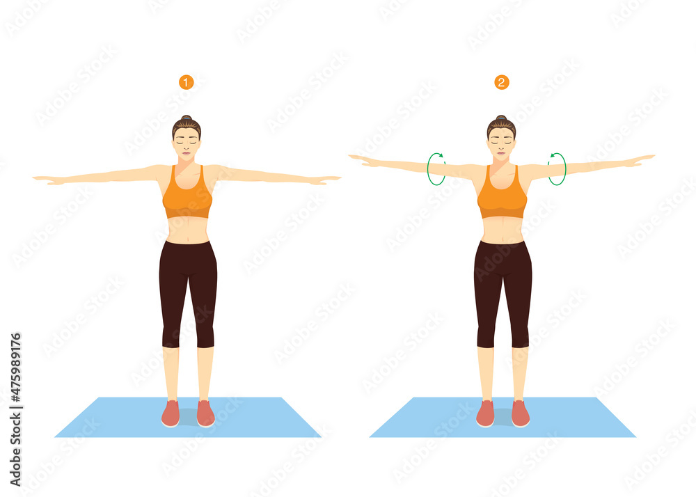 Vetor de Woman doing exercise with arm circle posture for warm up ...