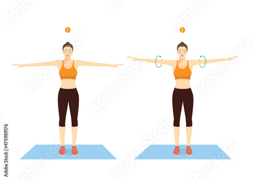Woman doing exercise with arm circle posture for warm up before play a sport. Rotation arms help to prevent injuries and prepare your body for strength training.