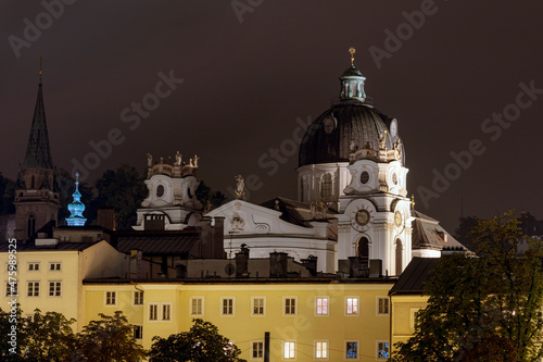 Church spires and domes on the skyline of the Eastern Alps city of Salzburg, Austria 