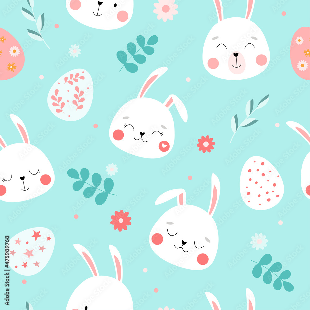 Seamless pattern of Easter bunnies and eggs. Cheerful festive spring children's print with flowers, funny animals, flowers. Vector graphics.