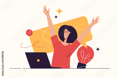 Vector illustration depicting a happy young woman finding an effective solution. Editable stroke