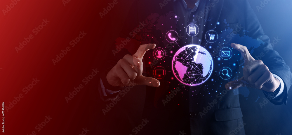 Business man hiold, use,press infographic icon of community technology digital.Concept of hi tech and big data. Global connection.IoT Internet of Things . ICT Information Communication Network .