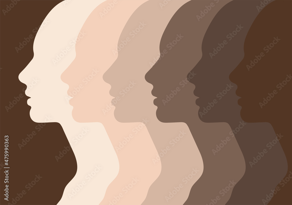 Female faces, silhouette in profile, skin tone. People with different skin colors, African or European skin. Society or population, social diversity. Vector illustration in flat design isolated