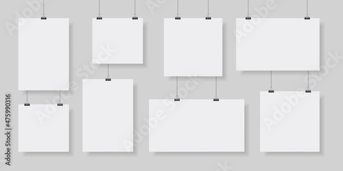 Paper poster hanging on clip and string, photo gallery mockups. Empty picture canvas display. Realistic paper pages board on wall vector set