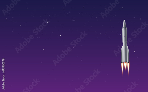 3D space rocket fly after take off in the gradient sky at night, horizontal banner. Shuttle launch realistic vector.