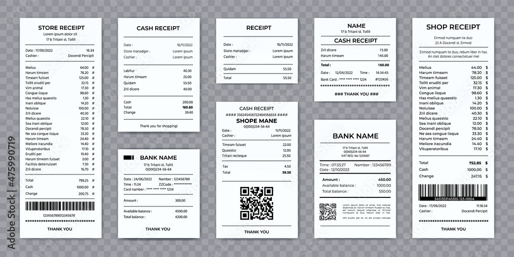 Fototapeta premium Realistic store, restaurant or bank paper cash receipt. Supermarket shopping checks. Pos machine printed shop payment bill mockup vector set