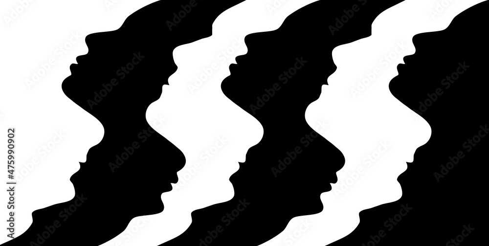 Man and woman black and white silhouette. Relationships, society, confrontation of sexes. Defending opinion of a man and a woman