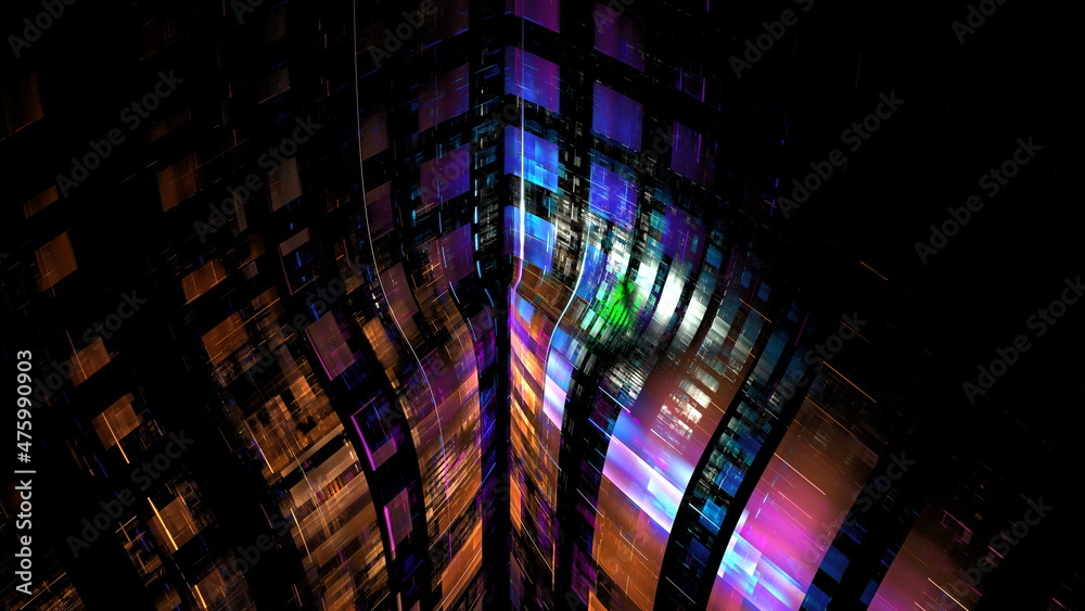 Cyberpunk building of the future, science fiction, neon light skyscrapers abstract neon city, sky-fi metropolis of the future. 3d render