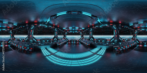 HDRI panoramic view of dark blue spaceship interior with windows. High resolution 360 degrees panorama reflection mapping of a futuristic spacecraft 3D rendering