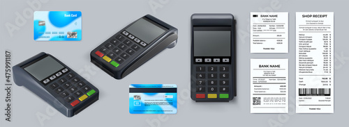 Realistic 3d pos machine top view, credit cards and receipt. Cashless payment terminal. Card reader device printing paper bills vector set photo