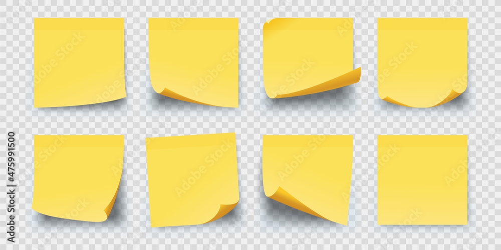Realistic square yellow paper sticky memo notes. Office reminder sticker pages with curled corners. Wall notepad for scribbles vector set - obrazy, fototapety, plakaty 