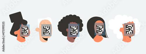 People with QR code of the Covid vaccine or digital vaccination certificate. New normal travel of tourism concept. Vaccinated person show health passport to entry. Flat vector cartoon illustration