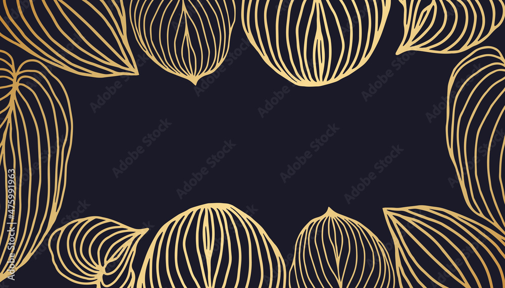 Fototapeta Luxury natural frame with golden leaves line art on dark blue