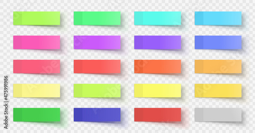 Realistic sticky paper post notes, colored sticker tag. Adhesive memo stripes with shadows. Office tape bookmark for documents vector set