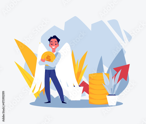 Business angel investor man holding coins, flat vector illustration isolated.