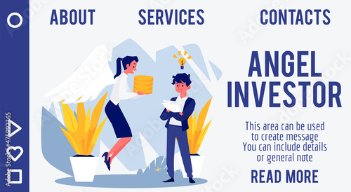 Angel investor brings money to entrepreneur web page, flat vector illustration.