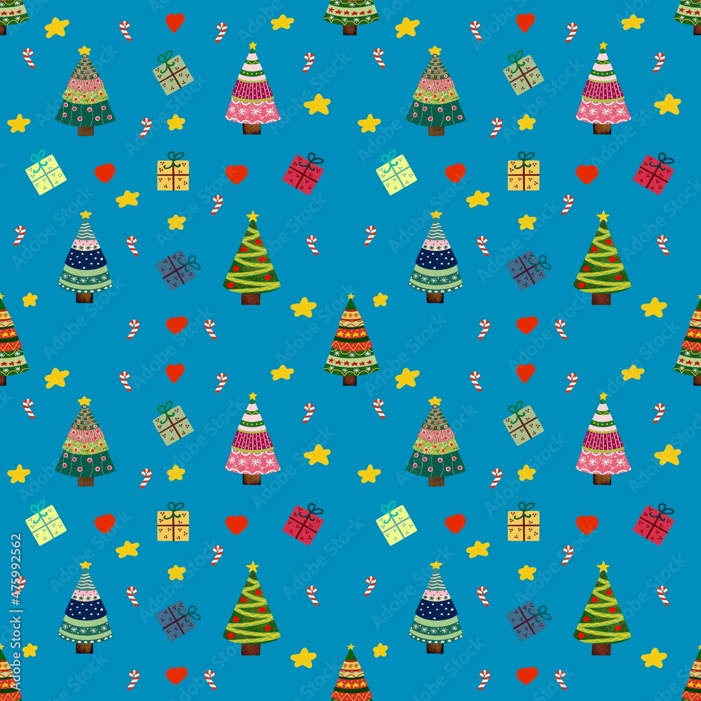 seamless pattern with christmas trees on blue background 