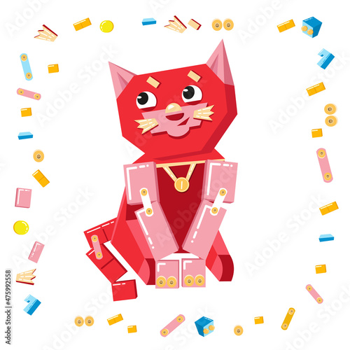 Cute cat volumetric from constructor isolated vector illustration. Robotics for kids, cartoon character.