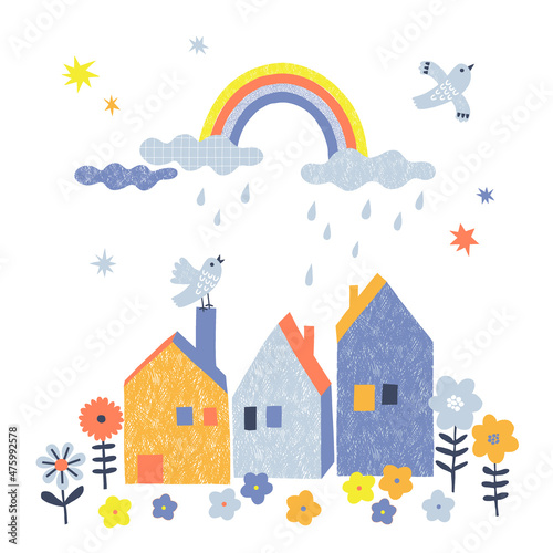 Rainy day with rainbow flying birds blooming flowers cute houses vector illustration isolated on white. Childish spring time weather poster for nursery. Boho baby tee print design for kids apparel.
