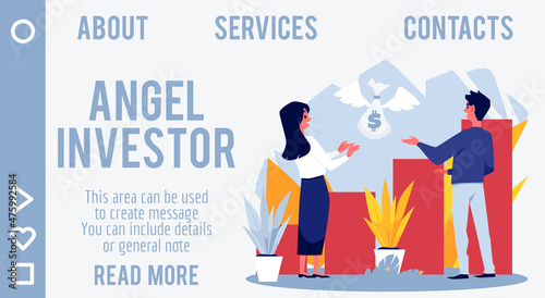 Angel investor website banner or landing page mockup, flat vector illustration.