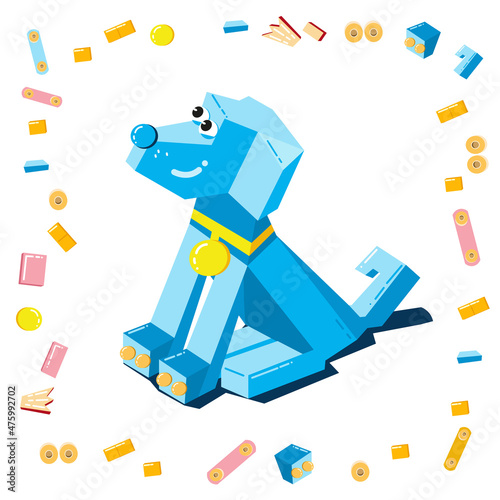 Cute dog volumetric from constructor isolated vector illustration. Robotics for kids, cartoon character.