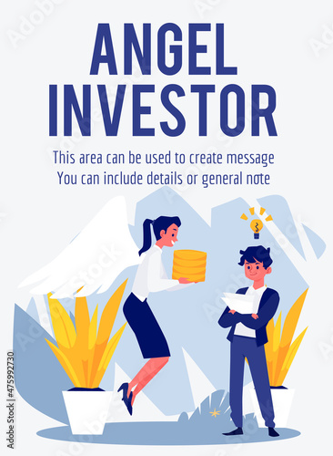 Female angel investor gives funding and money capital to young startup businessman with light bulb over his head.