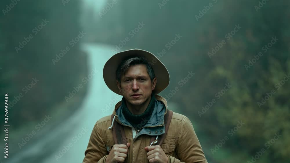 closeup soft focus portrait of man hitchhiker wearing in retro style. traveler in hat with backpack stands outdoors at road in cold wet foggy autumn day and waites a car. man looks straight in camera. closeup soft focus portrait of man hitchhiker wearing in retro style. traveler in hat with backpack stands outdoors at road in cold wet foggy autumn day and waites a car. man looks straight in camera.