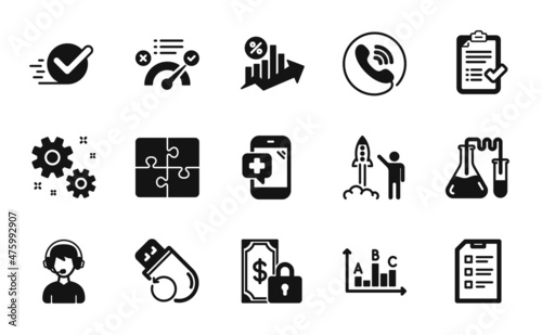 Vector set of Approved checklist, Correct answer and Flash memory icons simple set. Medical phone, Consultant and Launch project icons. Survey results, Puzzle and Loan percent signs. Vector