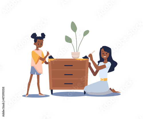 Black family of Mom and kid repaint old dresser drawers, cartoon vector illustration. Family house repair time together.
