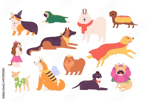Cartoon funny breed dogs dressed in cute masquerade clothes. Superhero dog. Pet puppy characters in fashion costumes, bow and hat vector set